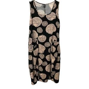 EMERY ROSE MIDI ABOVE ANKLE SLEEVELESS A-LINE DRESS, WOMENS-XL-TAN & BLACK ABSTR